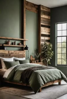 a bed with green sheets and pillows in a bedroom next to a large wooden window