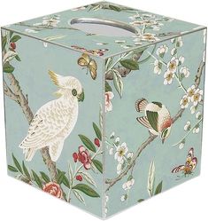 a tissue box decorated with birds and flowers