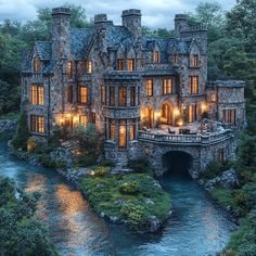 this is an image of a castle like house in the middle of trees and water