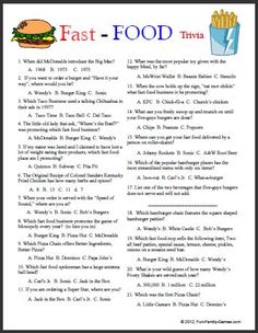 the fast food trivia for kids is shown in this printable version with instructions