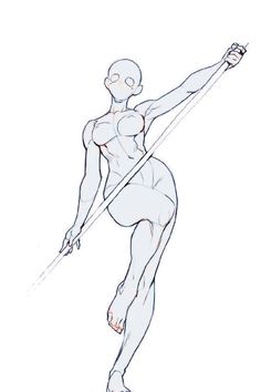 a drawing of a female figure holding a pole with one hand and the other arm extended