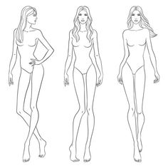 three women in bodysuits are standing and looking at the camera, outline drawing