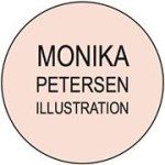 the words monika petersen illustration are in black and white on a pink circle