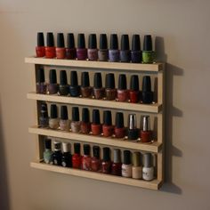 Makeup And Nail Polish Organization, Organize Nail Polish, Essential Oil Rack, Oil Rack, Wall Nails, Nail Polish Rack, Rooms Decor, Nail Polish Storage, Hanging Display