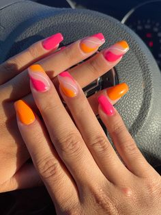 Summer Nail Inspo Pink And Orange, Cute Summer Nails Pink And Orange, Summer Nails 2023 Orange And Pink, Pink And Orange Nails Summer Short, Hot Pink And Orange Nails Acrylic, Pink With Orange Nails, Orange And Pink Short Nails, Cute Orange And Pink Nails, Summer Nails Short Orange