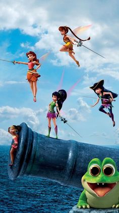 tinkerbell and the pirate fairy movie poster with cartoon characters flying over an ocean