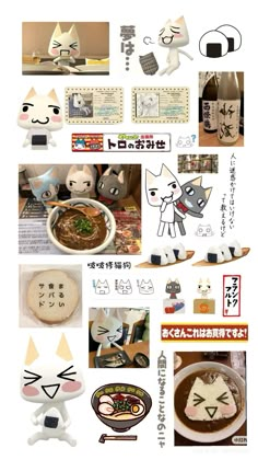 an image of many different pictures with cats and food in them, including rice noodles