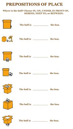 the prepositions of place where is the ball in the box, and what is the