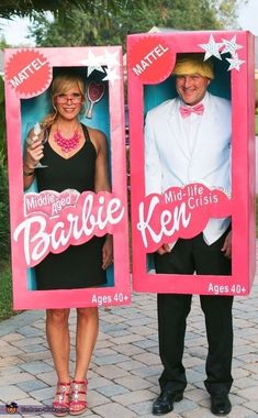 two people are dressed up as barbie and charlie krabs for an adult - to - children's party