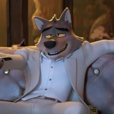 an animated wolf sitting on top of a couch with his arms out and eyes wide open