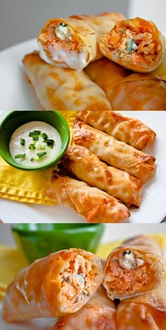 three different views of some food on a plate with dipping sauce in the middle and another view of what appears to be an appetizing dish