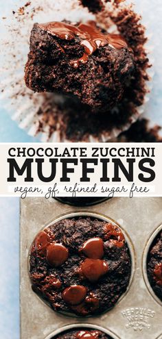 chocolate zucchini muffins in a muffin tin with the title overlay