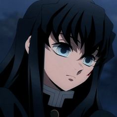 an anime character with long black hair and blue eyes looks at the camera while staring into the distance