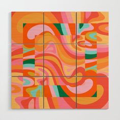 an abstract painting with different colors and shapes on the wall in front of a white background