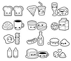 a set of food and drink icons in black and white, including bread, hotdogs, soda, donuts, pizza, milkshake