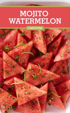 watermelon in a white bowl with herbs and seasoning on top, next to the title mojito watermelon