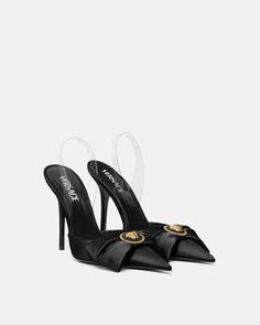 Alia Satin Slingback Pumps 110 mm Black,Gold | VERSACE US Heels Versace, Versace Pumps, Versace Heels, Versace Shoes, Chanel Inspired, Designer Pumps, Boot Jewelry, Fancy Shoes, Versace Bags