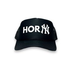 Our Hor NY Foam Trucker Hat design is printed with flock suede vinyl for a raised textured look. The design has a rubberish feel to the touch. Our hats are mid-crown with a snapback closure and has towel like fabric for the headlining for absolute comfort. Flat Brim Letter Print Trucker Hat For Sports Events, Letter Print Flat Brim Trucker Hat For Sports Events, Flat Brim Trucker Hat With Letter Print For Sports, Urban Trucker Hat For Baseball Season, Trendy Adjustable Hats With Logo Print, Urban Snapback Hat With Letter Print And Flat Brim, Letter Print Visor Hat For Streetwear, Curved Brim Trucker Hat With Graphic Print For Streetwear, Urban Baseball Cap With Letter Print And Flat Brim