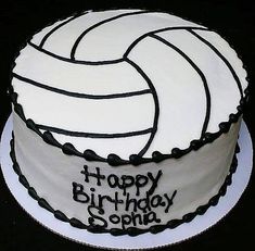 a birthday cake decorated with a volleyball ball and happy birthday written on the bottom layer