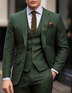 Green Men's Wedding Tweed Suits Solid Colored 3 Piece Retro Vintage Plus Size Single Breasted Two-buttons 2024 2024 - GBP £108