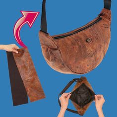 a hand holding a brown bag with an arrow pointing to it and another person's purse