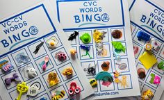 two pages of cvc words and words bingo game with colorful buttons on them, sitting next to each other