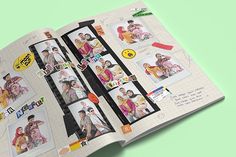 an open photo book with pictures and stickers on the pages, showing family photos