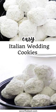 white wedding cookies on a black plate with the words easy italian wedding cookies above it