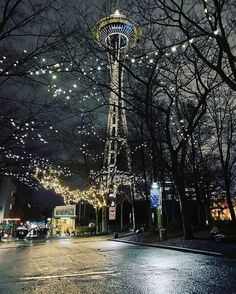 the street is lined with christmas lights and trees