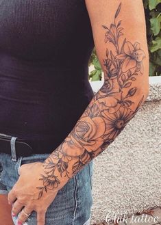 Flower Tattoo Arm Birth Month Half Sleeves, Lower Arm Flower Sleeve, Flowers Arm Sleeve Tattoo, Half Sleeve Flowers For Women, Sleeve Tattoos For Women Butterflies And Flowers, Birth Flower Tattoos Arm Sleeve, Birth Flower Tattoos Sleeve, Boho Half Sleeve Tattoos For Women, Arm Flower Sleeve Tattoo