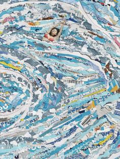 an image of a woman in the middle of a large amount of newspaper strips with words on it