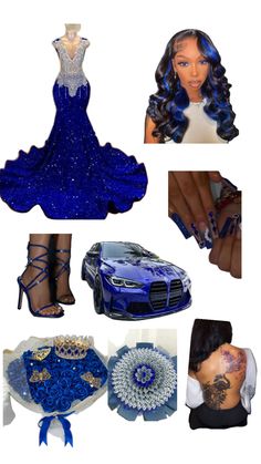 a collage of photos with blue and white dresses, high heels, and jewelry