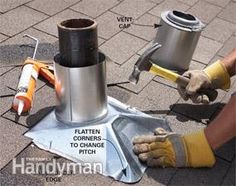 a man is working on the roof with tools and cement mortars to fix it