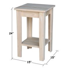 a small wooden table with measurements for the top and bottom section, including one shelf