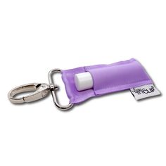 a purple keychain with a white ball on it and a clip attached to it