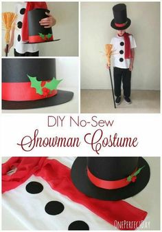 a collage of photos showing how to make a diy no sew snowman costume