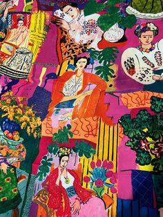 an image of a colorful painting with women and flowers on it's surface,