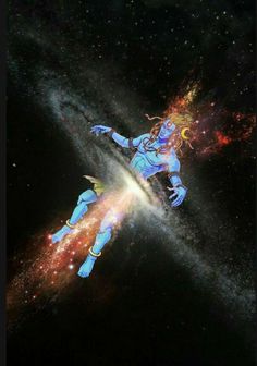 two people are flying through the space in front of stars