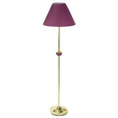 a floor lamp with a purple shade on the base and a gold plated base