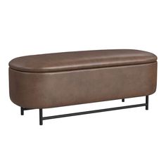 a brown leather bench with metal legs