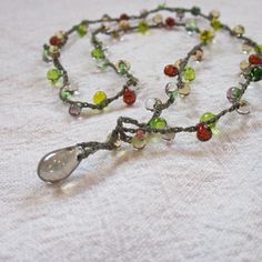 Merlot and Chablis Drop Lariat necklace crocheted with multicolored red and green drops on Etsy, $32.00 Adventurine Necklace, Teal Flowers, Wear Necklaces, Blue Raspberry, Mermaid Necklace, Everyday Necklace, Lariat Necklace, Simple Necklace, Minimalist Necklace