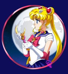 sailor girl with long blonde hair holding a knife in front of a full moon background