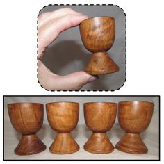 four wooden cups are shown in three different positions