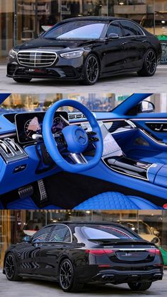 the inside and outside view of a car with blue leather seats, steering wheel cover and dashboard