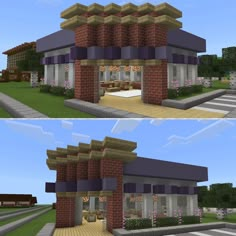 two views of the front and side of a house in minecraft, each with different windows