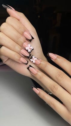 Black Nail Sets Simple, Cute Nails Aesthetic Korean, Black Frenchies Nails Short, Black Nails With Bow Design, Nail Ideas With French Tip, Black French With Bow, Black Nails White French Tip, Nails Acrylic With Bow, Medium Length Nails Acrylic Black