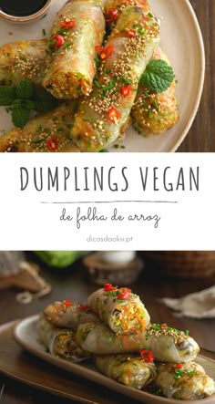 dumplings vegan with sesame seeds and sprinkles on a plate next to a cup of coffee