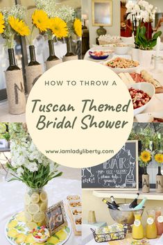 a table filled with vases and flowers next to a sign that says how to throw a tuscan themed bridal shower