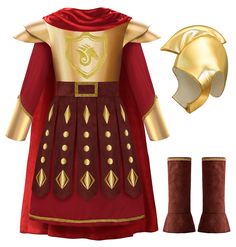 an image of a red and gold outfit with boots on the bottom left hand side