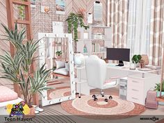 The Sims Resource - Teen Haven Sims 4 Teen Girl Bedroom, Sims 4 Cc Teen Room, Sims 4 Teen Room Cc, Sims 4 Teen Room, Sims 4 Teen Bedroom Cc, Office Curtains, Old Wood Floors, San Myshuno, Office Paint